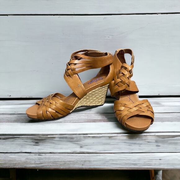 Indigo by Clark Pocomo Espadrille Wedged Sandals Women's 9.5 Brown Leather Boho - Picture 1 of 12